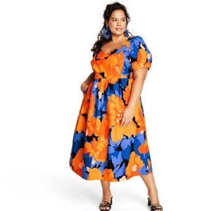 NWT 28W Tabitha Brown Floral Print Puff Sleeve Tie-Back Midi Dress